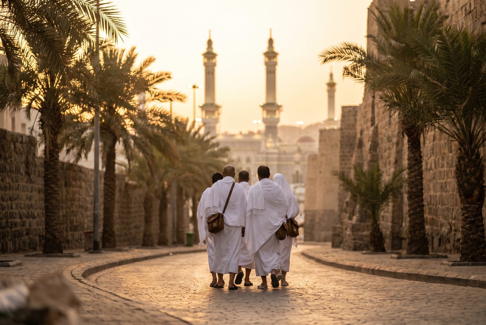 Pilgrims walking together toward the Grand Mosque